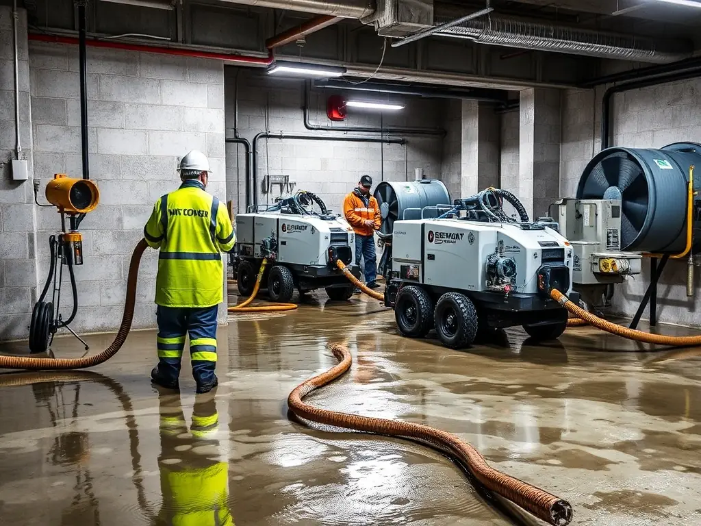 A brightly lit interior shot of a flooded basement with technicians using professional-grade water extraction equipment, showcasing the immediate response to water damage.