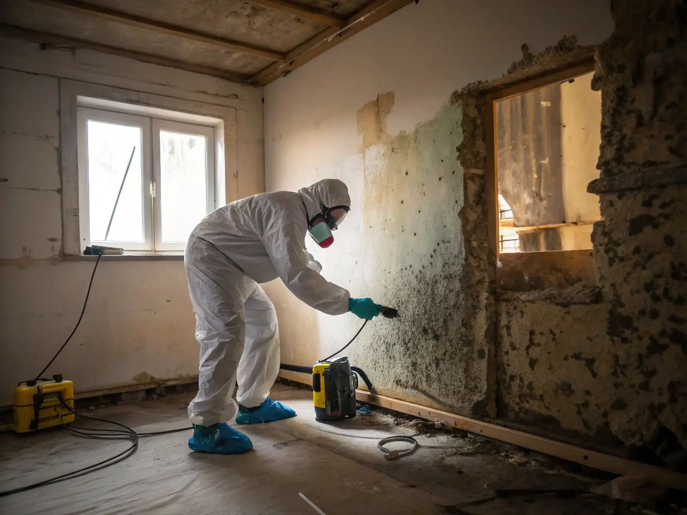 A close-up shot of a technician carefully removing mold from a wall, emphasizing the safety and thoroughness of the mold remediation process.