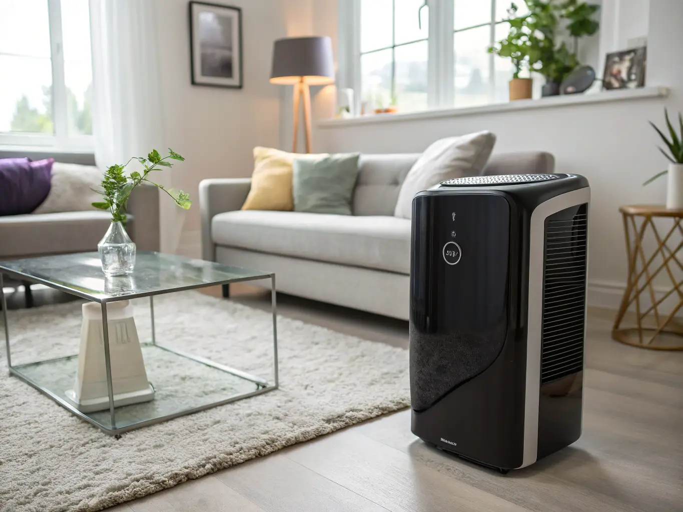 A photo of a technician using a dehumidifier in a home, focusing on the equipment and the dry environment being created.